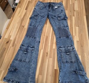 Hot Topic Blue Washed Flare Cargo Jeans